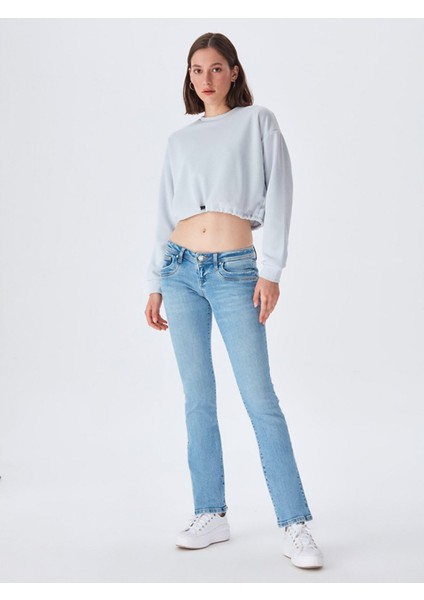 Kadın Crop Beli Lastikli Gri Sweatshırt