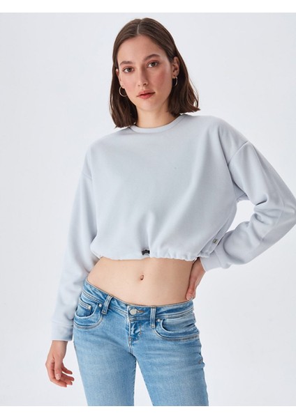 Kadın Crop Beli Lastikli Gri Sweatshırt