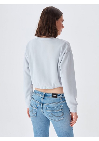 Kadın Crop Beli Lastikli Gri Sweatshırt