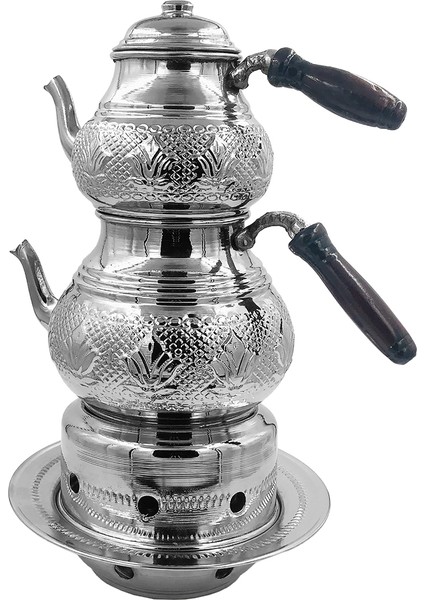 Bakır Lale Motifli Beyaz Küçük Boy Çaydanlık Seti