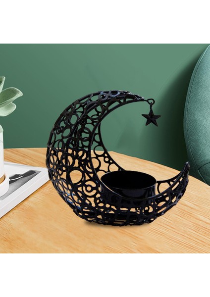 Eid Moon Candlestick Masaüstü Hediye Ev Dekorasyonu Çay Işık Ramazan Dekorasyon Siyah (Yurt Dışından)