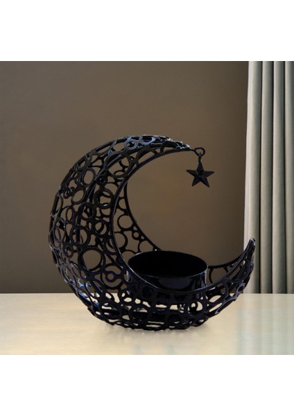 Eid Moon Candlestick Masaüstü Hediye Ev Dekorasyonu Çay Işık Ramazan Dekorasyon Siyah (Yurt Dışından)