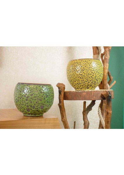 Ev Dekorasyon Yeşil Şekilli Ve Hardal Sarısı Şekilli Artistik Çift Sırlı İç Ve Dış Mekan Kullanımlı Toprak Terrakota Saksı Saksılık Salon Çiçeklik İkili Set