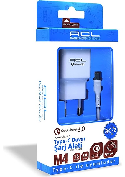 Acl M4 Type-C Duvar Şarj 18W Qc 3.0 3A Çıkış 1xusb Beyaz