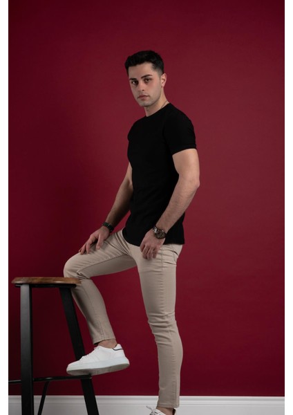 Slimfit Kendinden Desenli Erkek Penye T-Shirt