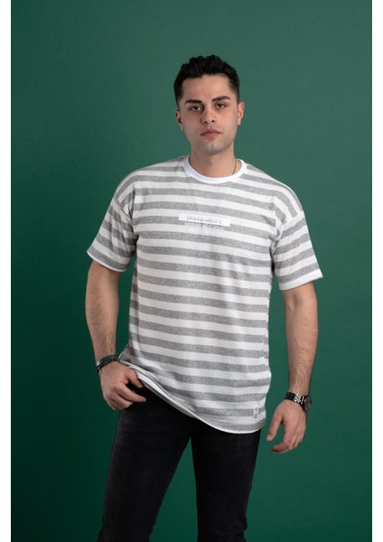 Oversize Çizgili Pamuklu Erkek T-Shirt