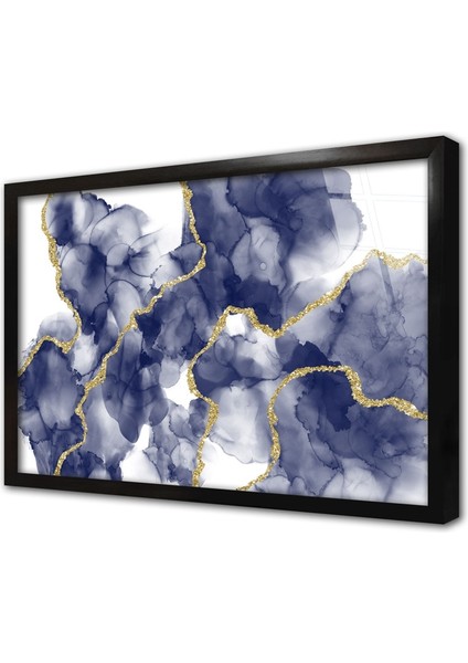 Altın Detaylı Lacivert Soyut Çerçeveli Cam Tablo