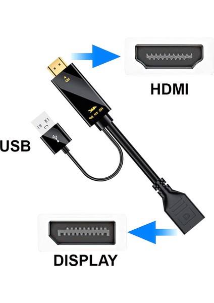 Hdmı To Display 4K Kablo + Usb2.0 Güç Kaynağı Kablosu Hd To Dp