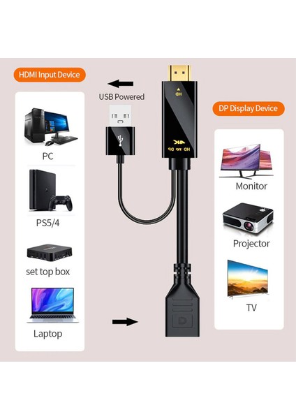 Hdmı To Display 4K Kablo + Usb2.0 Güç Kaynağı Kablosu Hd To Dp