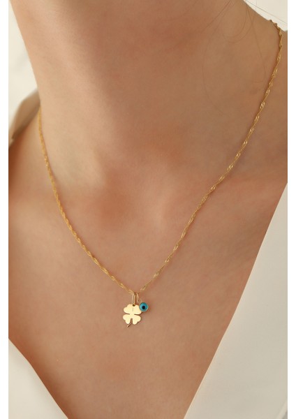 14 Ayar Altın Singapur Zincir Yonca-Göz Kolye