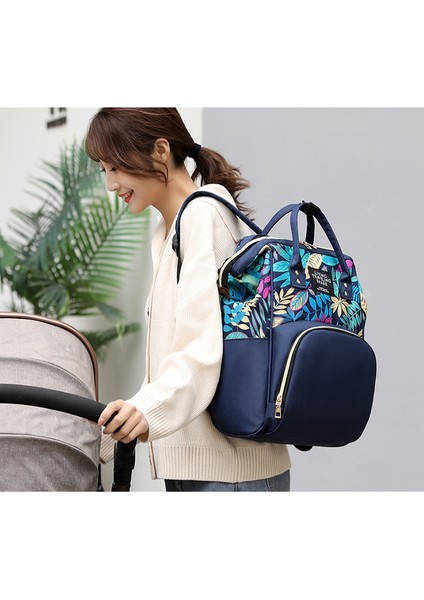 Lovehome Büyük Kapasiteli Yaprak Desenli Çok Fonksiyonlu Anne Bebek Sırt Çantası - Koyu Mavi (Yurt Dışından) indirimleri