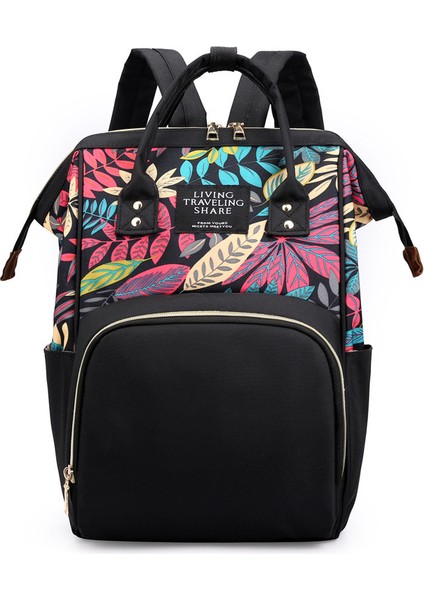 Lovehome Büyük Kapasiteli Yaprak Desenli Çok Fonksiyonlu Anne Bebek Sırt Çantası - Siyah (Yurt Dışından)