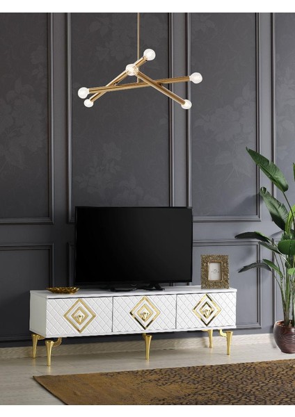 150 cm Ilizyon Metal Ayak-Mdf Mebran Kapak Tv Sehpası Beyaz Gold