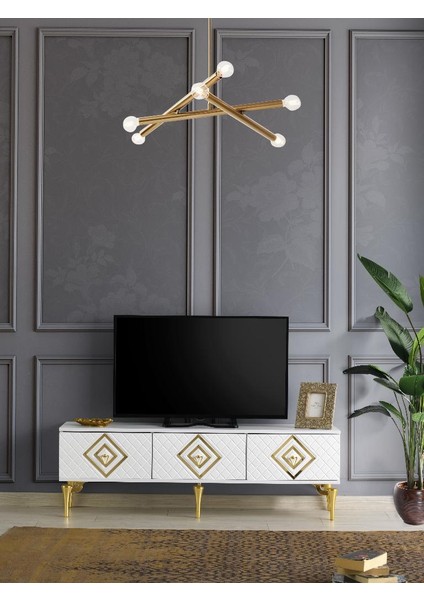 150 cm Ilizyon Metal Ayak-Mdf Mebran Kapak Tv Sehpası Beyaz Gold