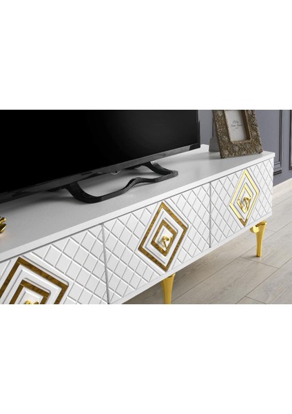 150 cm Ilizyon Metal Ayak-Mdf Mebran Kapak Tv Sehpası Beyaz Gold