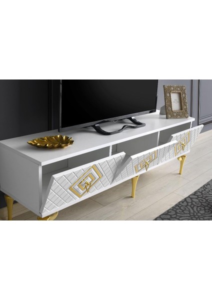 150 cm Ilizyon Metal Ayak-Mdf Mebran Kapak Tv Sehpası Beyaz Gold