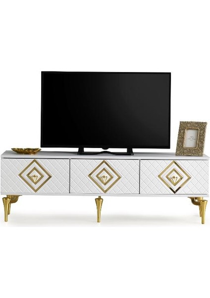 150 cm Ilizyon Metal Ayak-Mdf Mebran Kapak Tv Sehpası Beyaz Gold