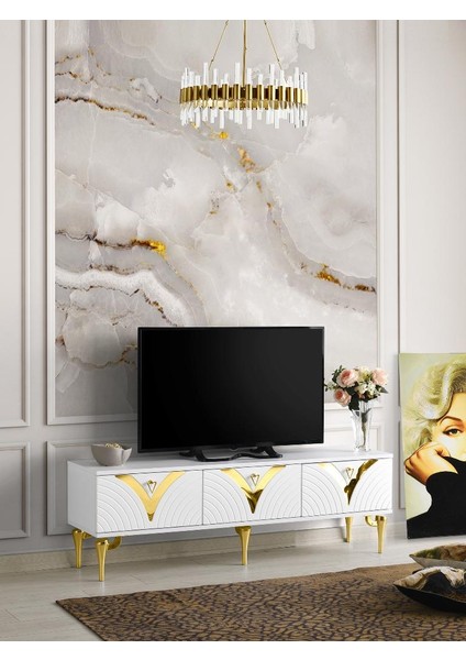 150 cm Vizyon Metal Ayak-Mdf Mebran Kapak Tv Sehpası Beyaz Gold