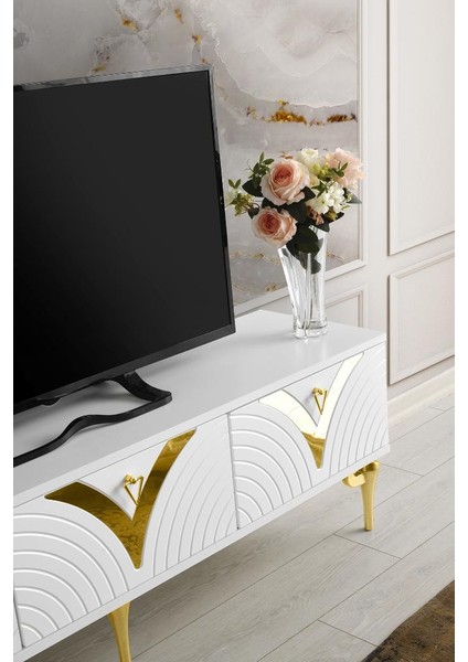 150 cm Vizyon Metal Ayak-Mdf Mebran Kapak Tv Sehpası Beyaz Gold