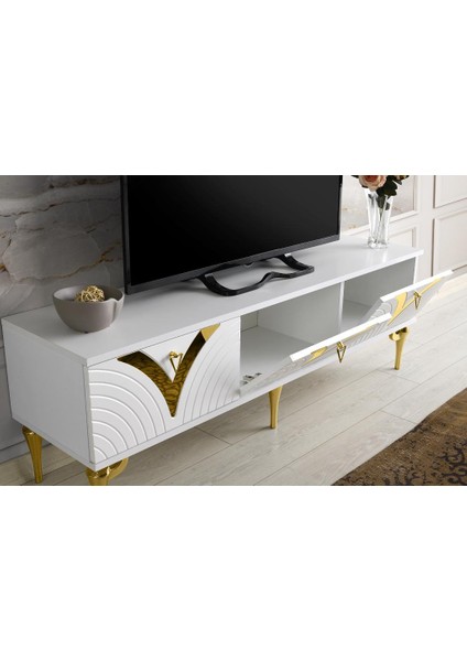 150 cm Vizyon Metal Ayak-Mdf Mebran Kapak Tv Sehpası Beyaz Gold