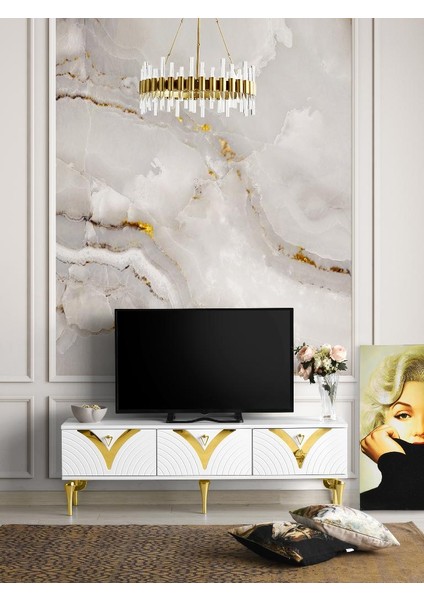 150 cm Vizyon Metal Ayak-Mdf Mebran Kapak Tv Sehpası Beyaz Gold