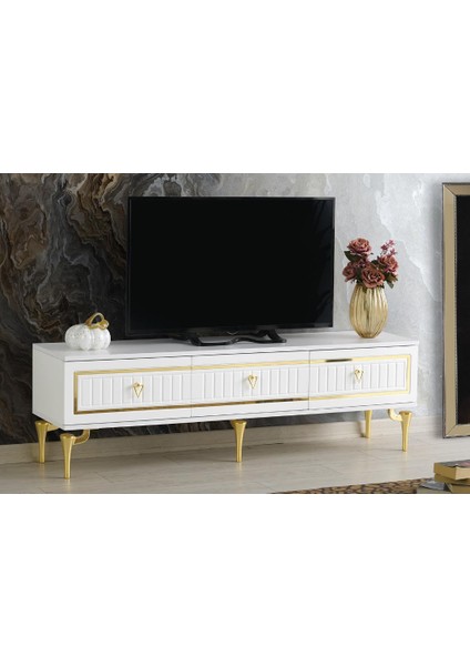 150 cm Klas Metal Ayak Mdf Mebran Kapak Tv Sehpası Beyaz Gold