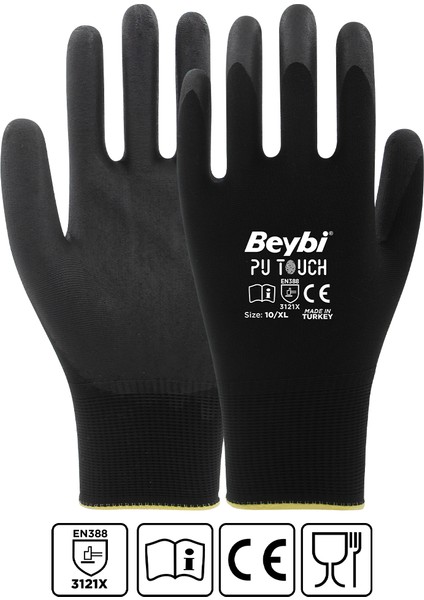 Beybi 7 Beden 12LI Paket Poliüretan Kaplı Pu Touch Siyah Montaj Eldiven EN388 (3121X)