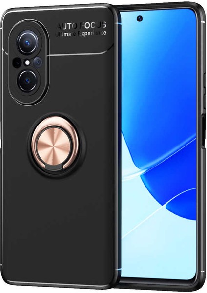 Huawei Nova 9 SE Kılıf Kamera Korumalı Autofocus Shockprof Ravel Yüzüklü Standlı Slikon Kapak Siyah - Rose Gold
