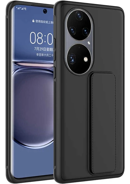 Case 4U Huawei P50 Pro Kılıf Stand Olabilen Mat Yüzey Kaliteli TPU Silikon Qstand Arka Kapak Siyah