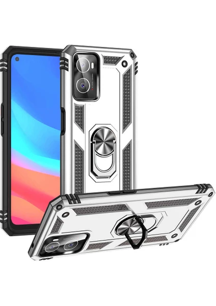 Case 4U Oppo A96 4G Kılıf Çift Katmanlı Yüzüklü Manyetik Vega Kapak Gümüş