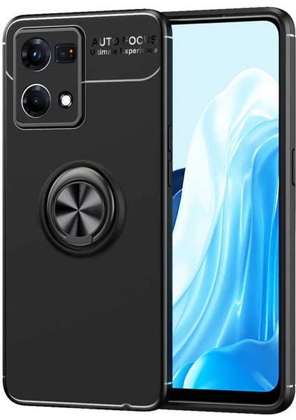 Case 4U Oppo Reno 7 4g Kılıf Kamera Korumalı Autofocus Shockprof Ravel Yüzüklü Standlı Slikon Kapak Siyah