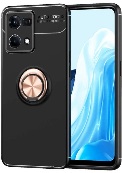 Case 4U Oppo Reno 7 4g Kılıf Kamera Korumalı Autofocus Shockprof Ravel Yüzüklü Standlı Slikon Kapak Siyah - Rose Gold