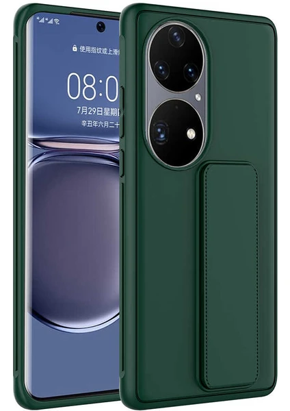 Case 4U Huawei P50 Pro Kılıf Stand Olabilen Mat Yüzey Kaliteli TPU Silikon Qstand Arka Kapak Koyu Yeşil