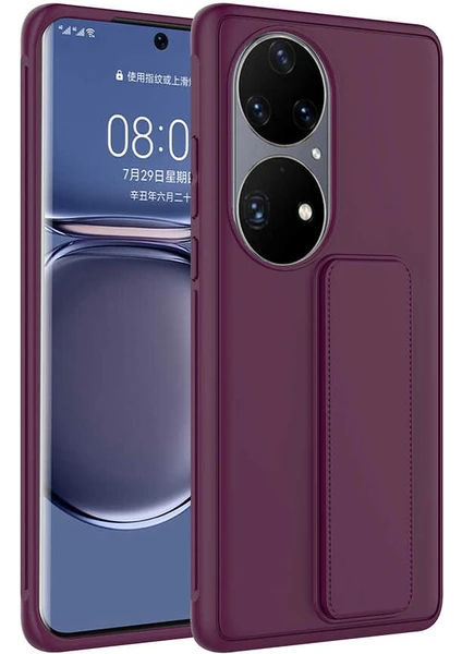 Case 4U Huawei P50 Pro Kılıf Stand Olabilen Mat Yüzey Kaliteli TPU Silikon Qstand Arka Kapak Mürdüm