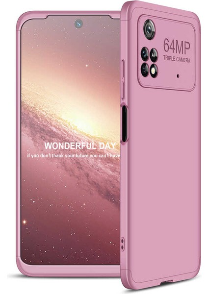 Case 4U Xiaomi Poco M4 Pro 4G Kılıf 3 Parçalı Tam Koruma Sert Mika Ays Kapak Rose Gold