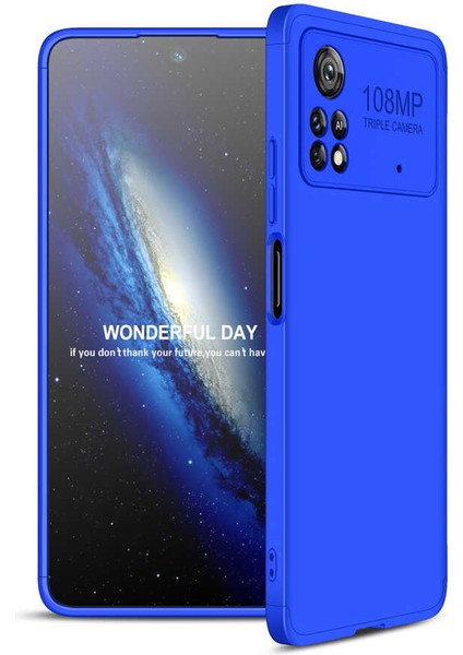 Case 4U Xiaomi Poco X4 Pro 5G Kılıf 3 Parçalı Tam Koruma Sert Mika Ays Kapak Mavi