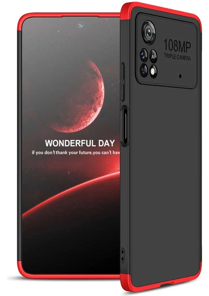 Case 4U Xiaomi Poco X4 Pro 5G Kılıf 3 Parçalı Tam Koruma Sert Mika Ays Kapak Siyah Kırmızı