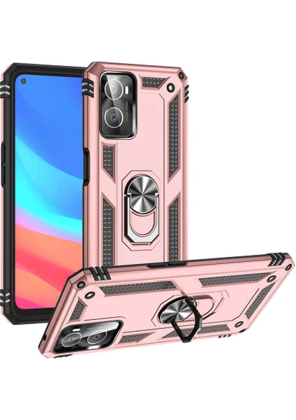 Case 4U Oppo A96 4G Kılıf Çift Katmanlı Yüzüklü Manyetik Vega Kapak Rose Gold