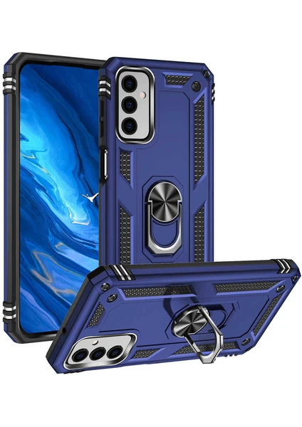 Case 4U Samsung Galaxy M23 Uyumlu Kılıf Çift Katmanlı Yüzüklü Manyetik Vega Kapak Mavi