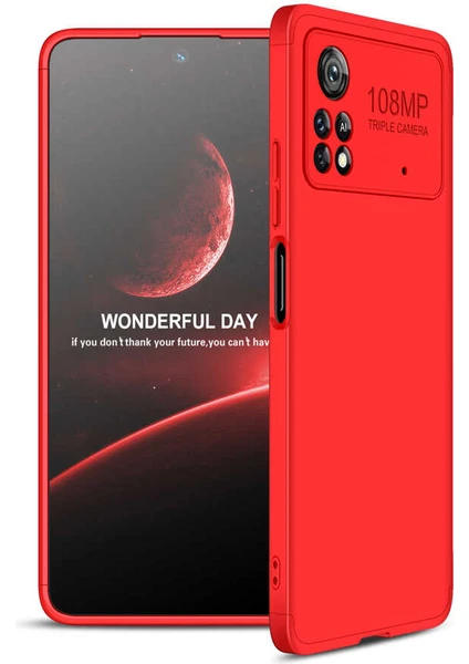 Case 4U Xiaomi Poco X4 Pro 5G Kılıf 3 Parçalı Tam Koruma Sert Mika Ays Kapak Kırmızı