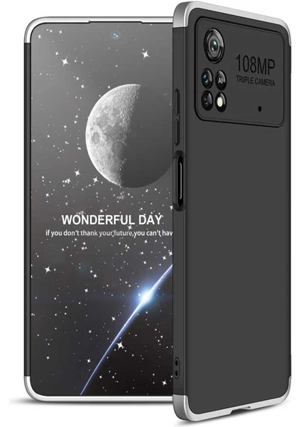 Case 4U Xiaomi Poco X4 Pro 5G Kılıf 3 Parçalı Tam Koruma Sert Mika Ays Kapak Siyah Gümüş