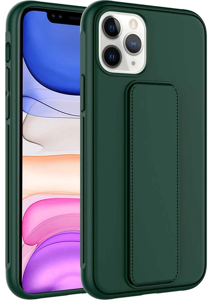 Case 4U Apple iPhone 11 Pro Max Kılıf Stand Olabilen Mat Yüzey Kaliteli TPU Silikon Qstand Arka Kapak Koyu Yeşil