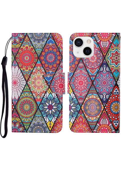 Iphone 13 Rhombus Totem Için Renkli Çizim Deseni Pu Kılıfı (Yurt Dışından) modelleri