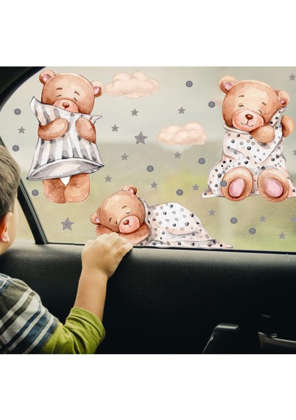 3'lü Ayıcık Seti Araba Camı Sticker-Çocuklar Için Yolculuk Stickerı