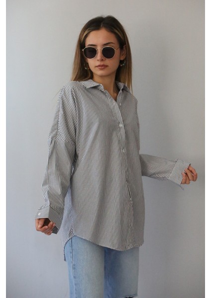 Siyah Çizgili Over Fit Gömlek MG1525