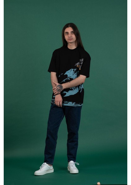 Oversize Baskılı Sıfır Yaka Erkek Penye T-Shirt