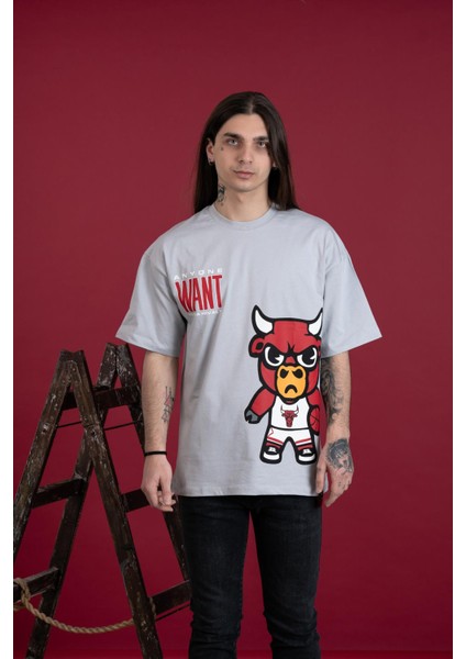 Oversize Desenli Sıfır Yaka Penye Erkek T-Shirt