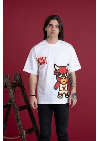 Oversize Desenli Sıfır Yaka Penye Erkek T-Shirt