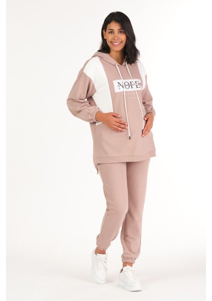 Hamile Emzirme Detaylı Baskılı Eşofman Takımı Bej modelleri