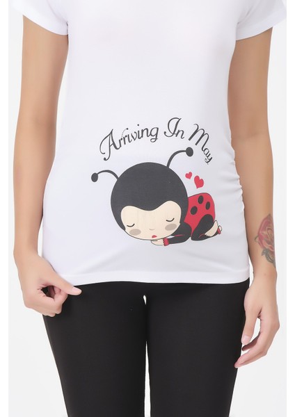 Hamile V Yaka Uğur Böceği Baskılı Tişört Beyaz modelleri